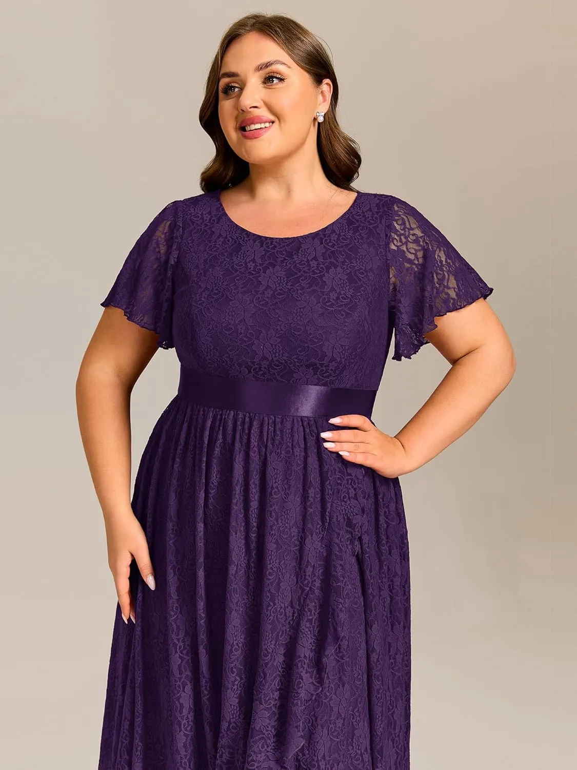 Ever-Pretty Plus Women's Lace Round Neck Short Sleeves High Low Plus Size Midi Cocktail Wedding Guest Dresses