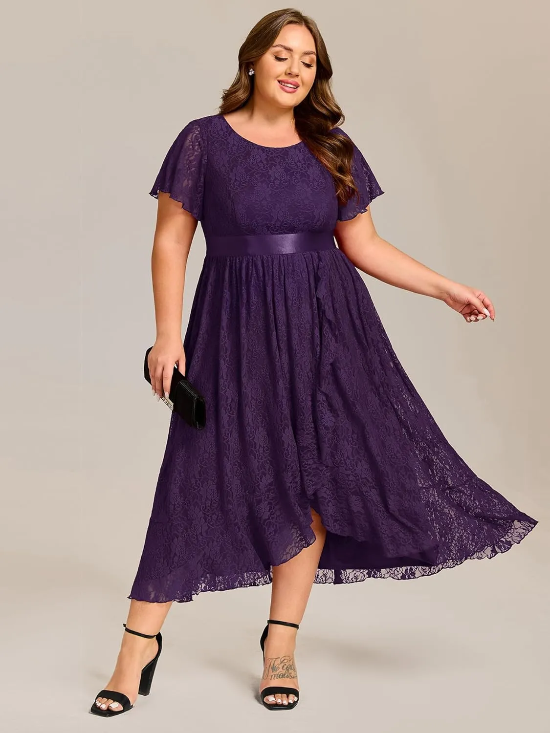 Ever-Pretty Plus Women's Lace Round Neck Short Sleeves High Low Plus Size Midi Cocktail Wedding Guest Dresses