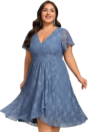 Ever-Pretty Plus Women's Summer V Neck Short Ruffles Sleeves Lace Midi Plus Size Cocktail Party Formal Dresses