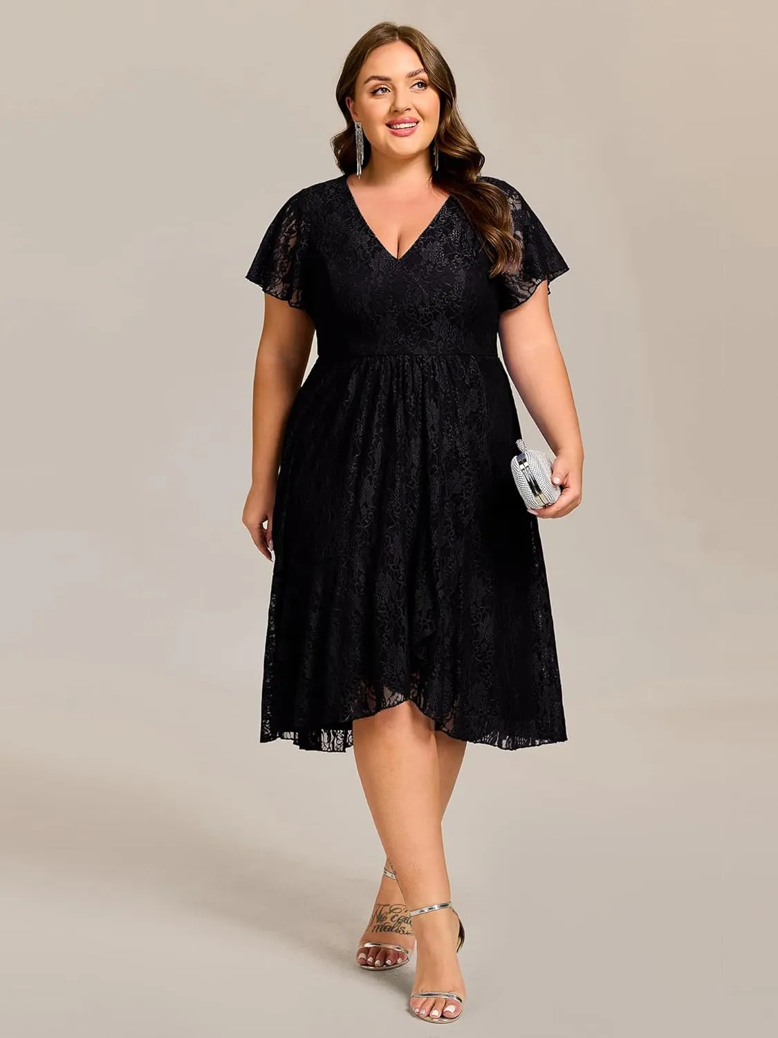 Ever-Pretty Plus Women's Summer V Neck Short Ruffles Sleeves Lace Midi Plus Size Cocktail Party Formal Dresses