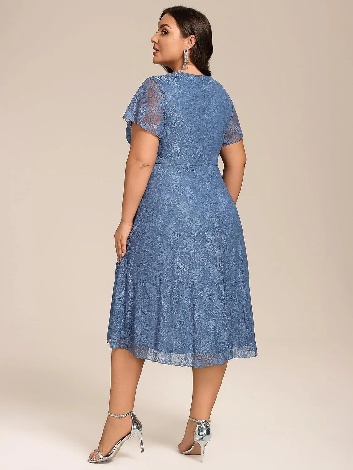 Ever-Pretty Plus Women's Summer V Neck Short Ruffles Sleeves Lace Midi Plus Size Cocktail Party Formal Dresses
