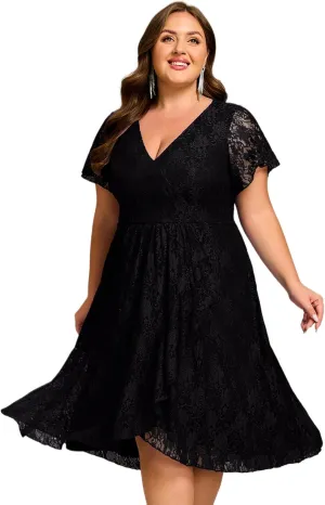 Ever-Pretty Plus Women's Summer V Neck Short Ruffles Sleeves Lace Midi Plus Size Cocktail Party Formal Dresses