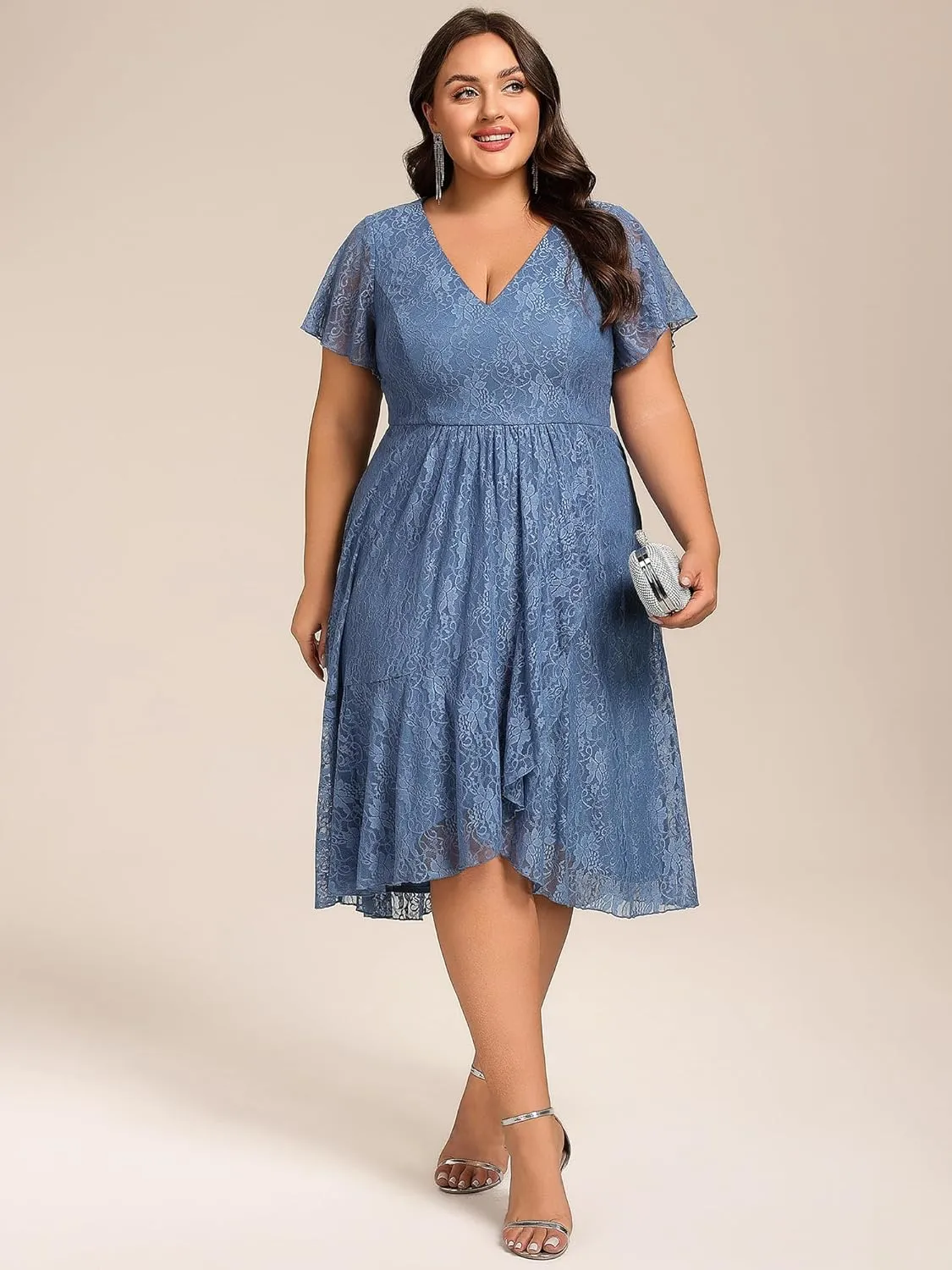 Ever-Pretty Plus Women's Summer V Neck Short Ruffles Sleeves Lace Midi Plus Size Cocktail Party Formal Dresses