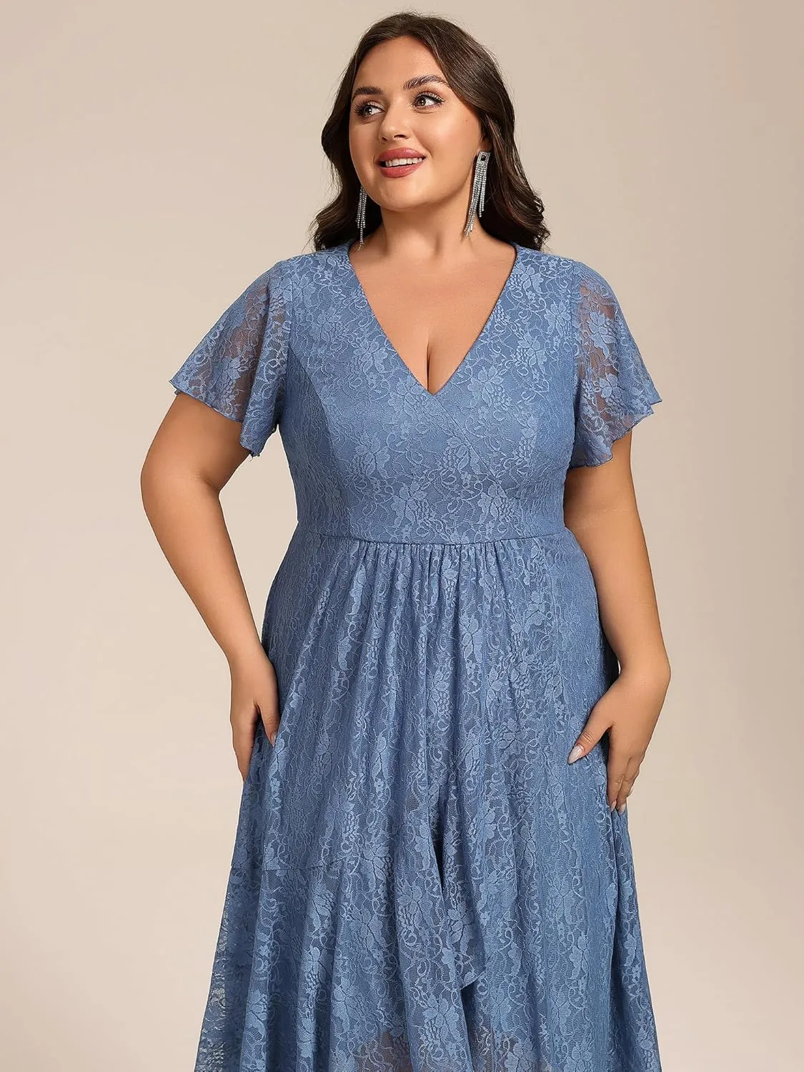 Ever-Pretty Plus Women's Summer V Neck Short Ruffles Sleeves Lace Midi Plus Size Cocktail Party Formal Dresses