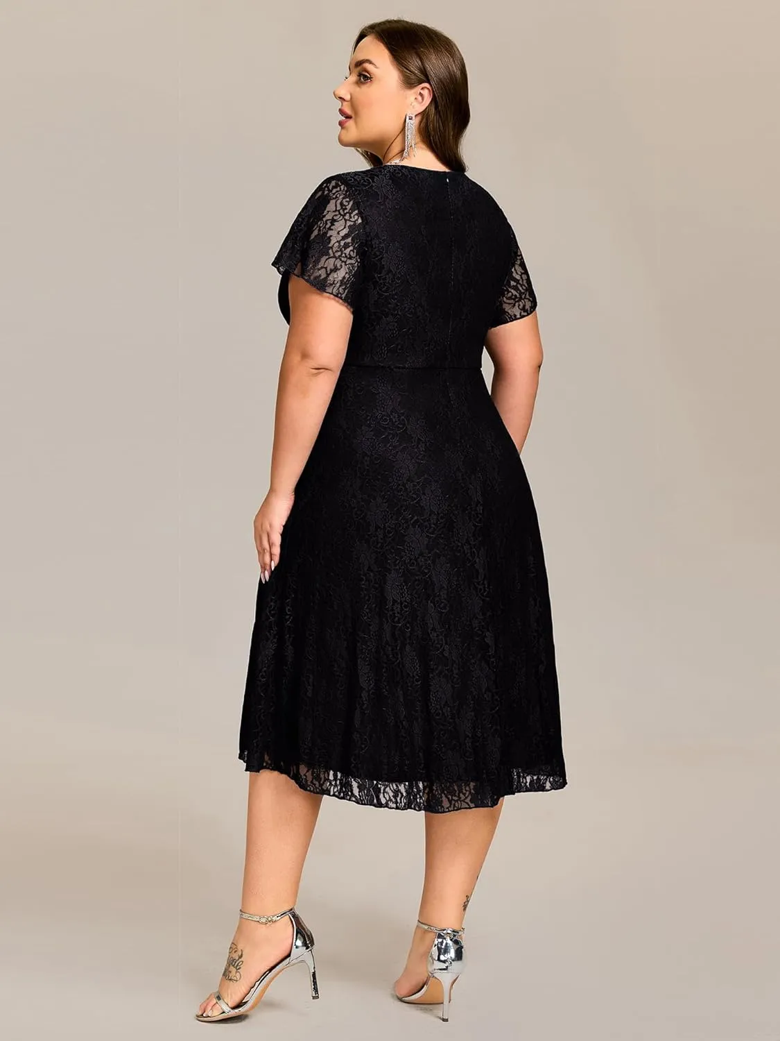 Ever-Pretty Plus Women's Summer V Neck Short Ruffles Sleeves Lace Midi Plus Size Cocktail Party Formal Dresses