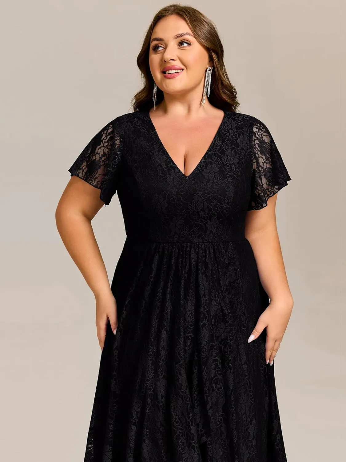 Ever-Pretty Plus Women's Summer V Neck Short Ruffles Sleeves Lace Midi Plus Size Cocktail Party Formal Dresses