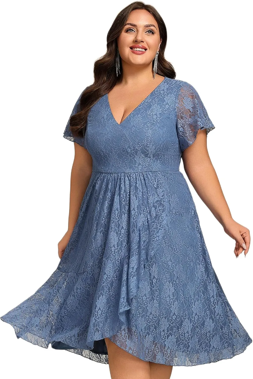 Ever-Pretty Plus Women's Summer V Neck Short Ruffles Sleeves Lace Midi Plus Size Cocktail Party Formal Dresses