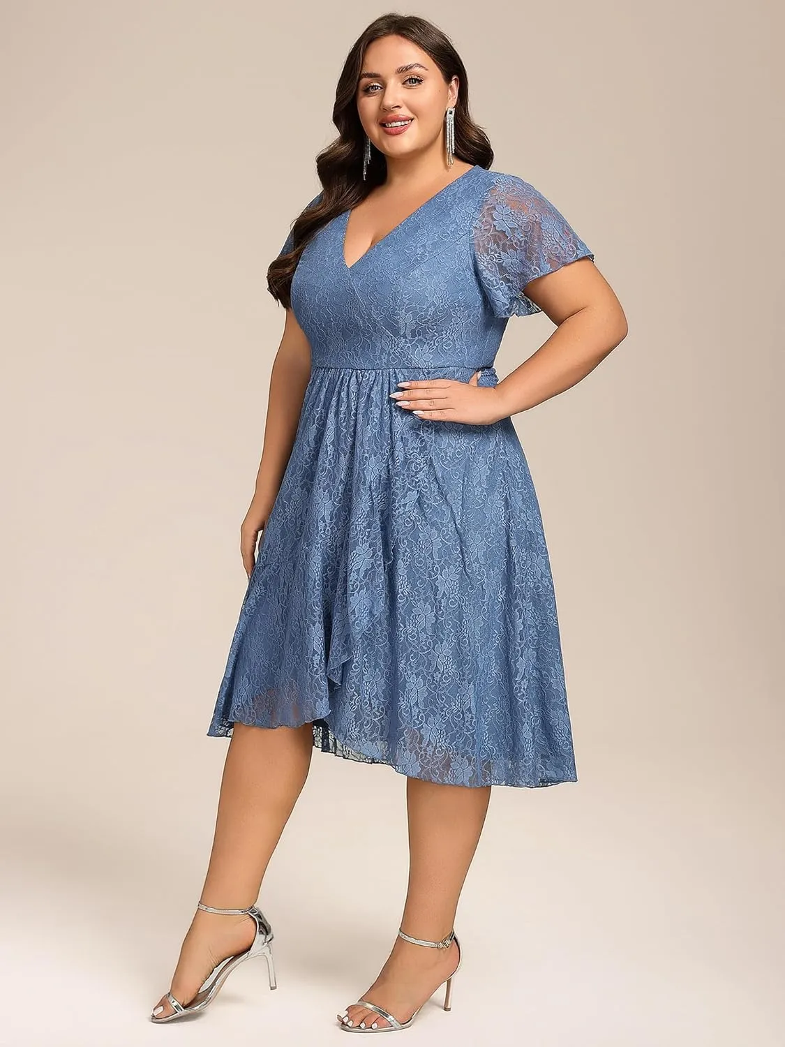 Ever-Pretty Plus Women's Summer V Neck Short Ruffles Sleeves Lace Midi Plus Size Cocktail Party Formal Dresses