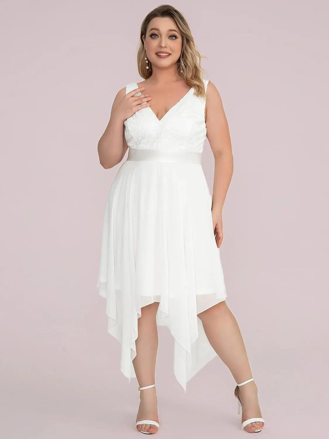 Ever-Pretty V Neck Chiffon Lace Asymmetric Knee Length Summer Plus Size Cocktail Dresses for Curvy Women