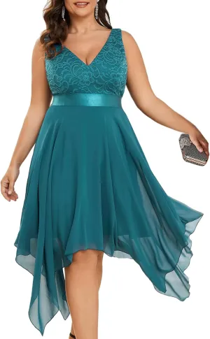 Ever-Pretty V Neck Chiffon Lace Asymmetric Knee Length Summer Plus Size Cocktail Dresses for Curvy Women