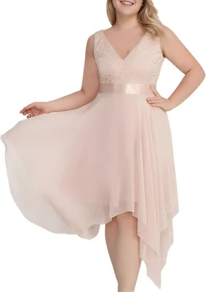 Ever-Pretty V Neck Chiffon Lace Asymmetric Knee Length Summer Plus Size Cocktail Dresses for Curvy Women