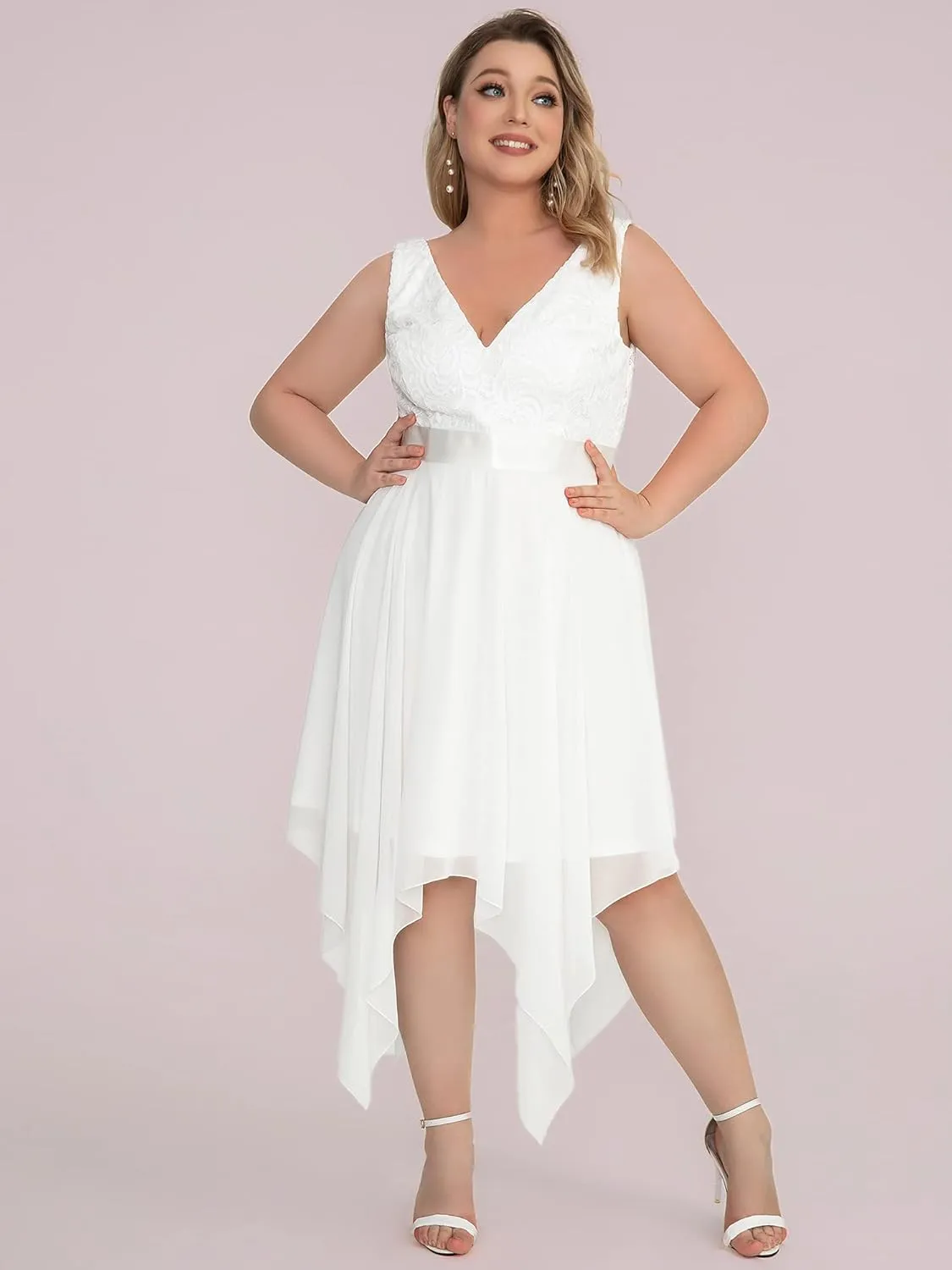 Ever-Pretty V Neck Chiffon Lace Asymmetric Knee Length Summer Plus Size Cocktail Dresses for Curvy Women