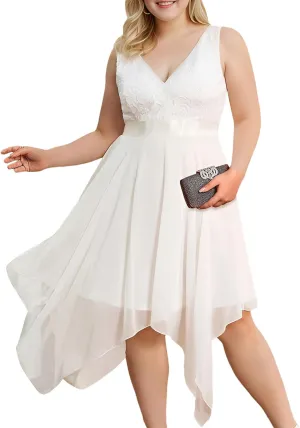 Ever-Pretty V Neck Chiffon Lace Asymmetric Knee Length Summer Plus Size Cocktail Dresses for Curvy Women