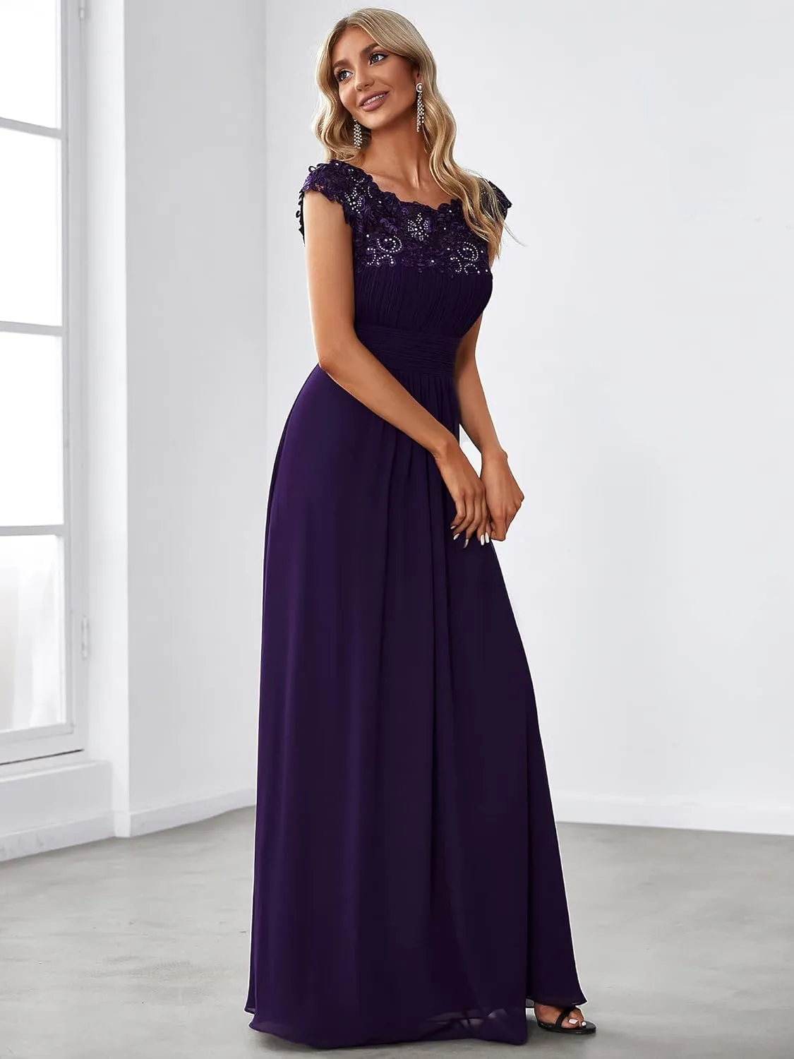 Ever-Pretty Women's Cap Sleeve Ruched Lace Round Neck Chiffon Formal Evening Gowns 09993-US