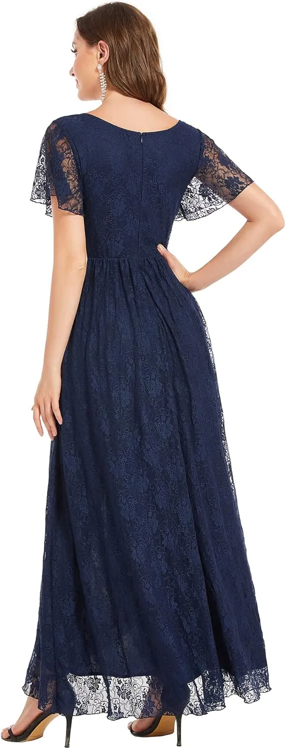 Ever-Pretty Women's Lace V Neck Ruffles Sleeves Pleated Empire Waist A-Line Maxi Formal Dresses 01489