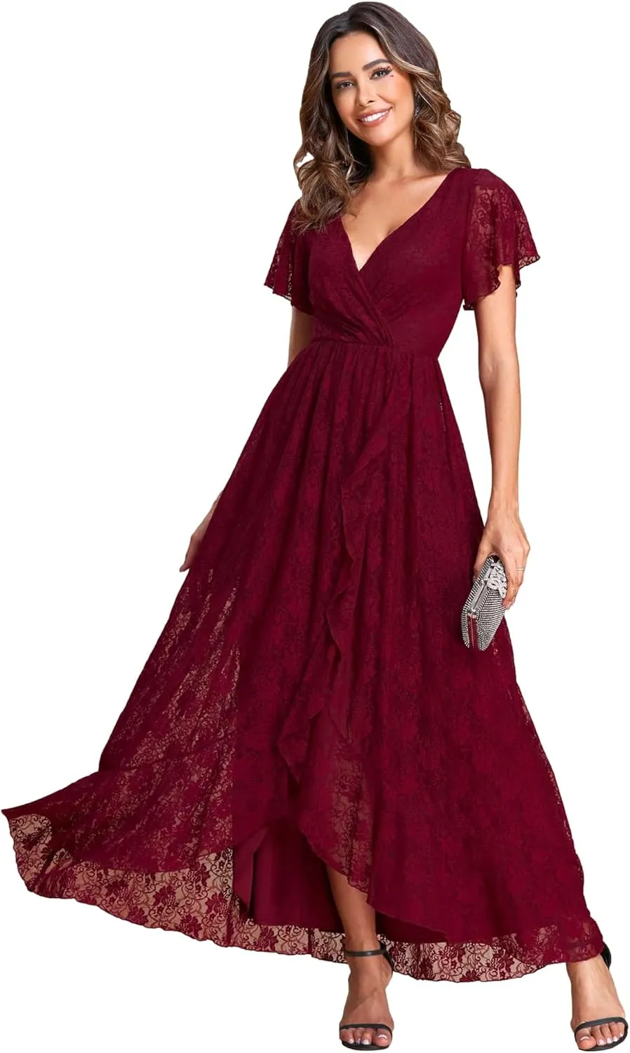 Ever-Pretty Women's Lace V Neck Ruffles Sleeves Pleated Empire Waist A-Line Maxi Formal Dresses 01489