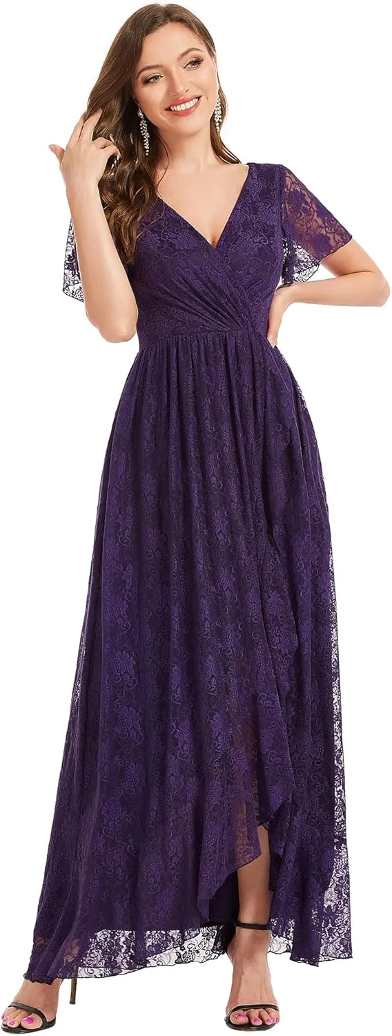 Ever-Pretty Women's Lace V Neck Ruffles Sleeves Pleated Empire Waist A-Line Maxi Formal Dresses 01489