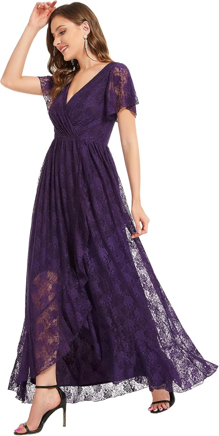 Ever-Pretty Women's Lace V Neck Ruffles Sleeves Pleated Empire Waist A-Line Maxi Formal Dresses 01489