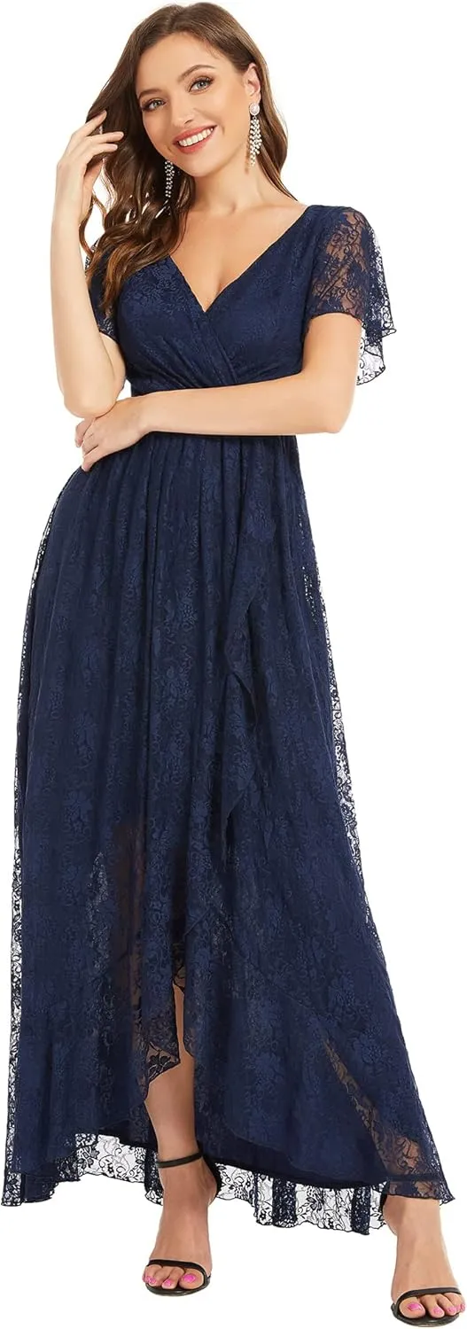 Ever-Pretty Women's Lace V Neck Ruffles Sleeves Pleated Empire Waist A-Line Maxi Formal Dresses 01489