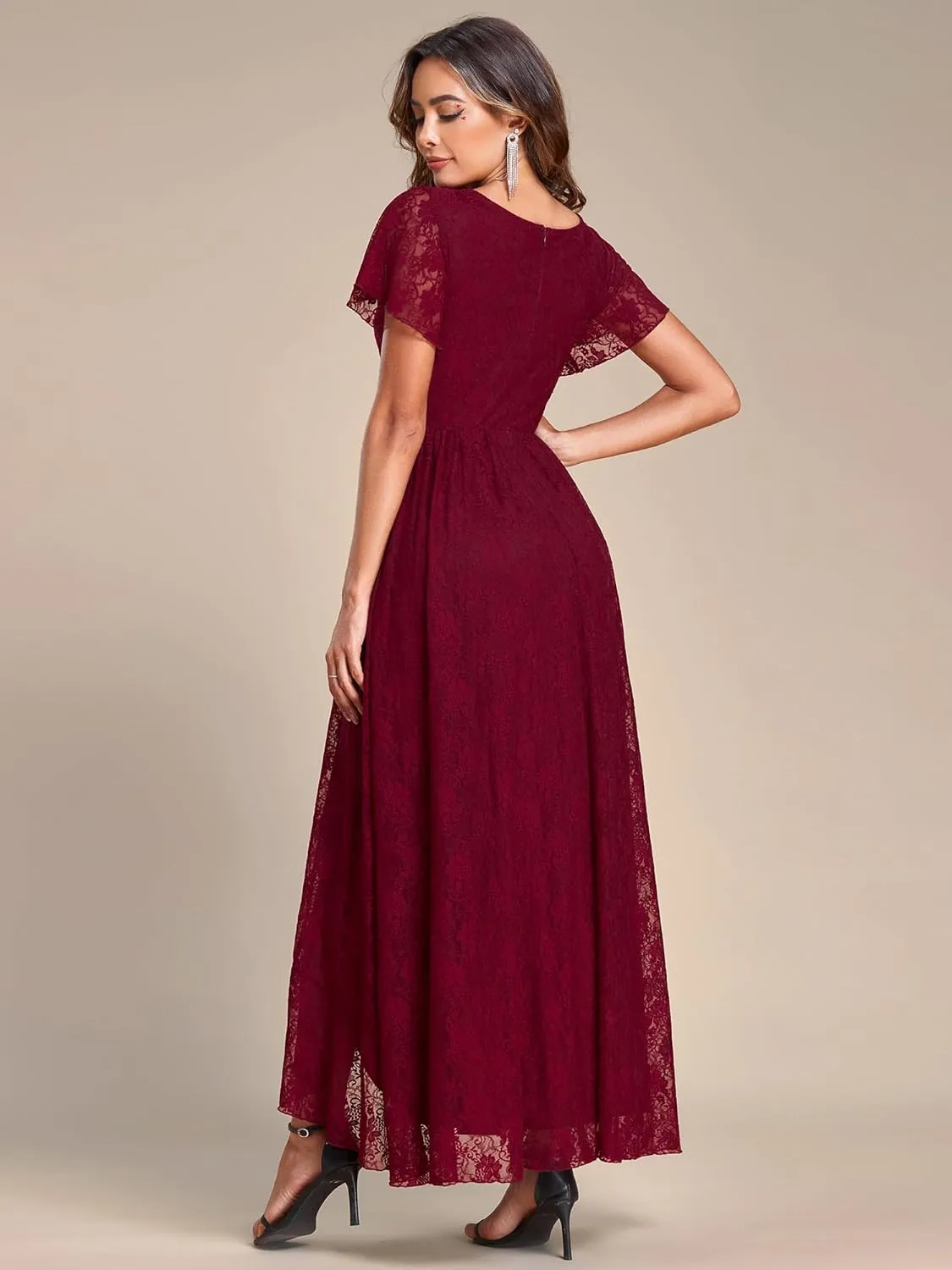 Ever-Pretty Women's Lace V Neck Ruffles Sleeves Pleated Empire Waist A-Line Maxi Formal Dresses 01489
