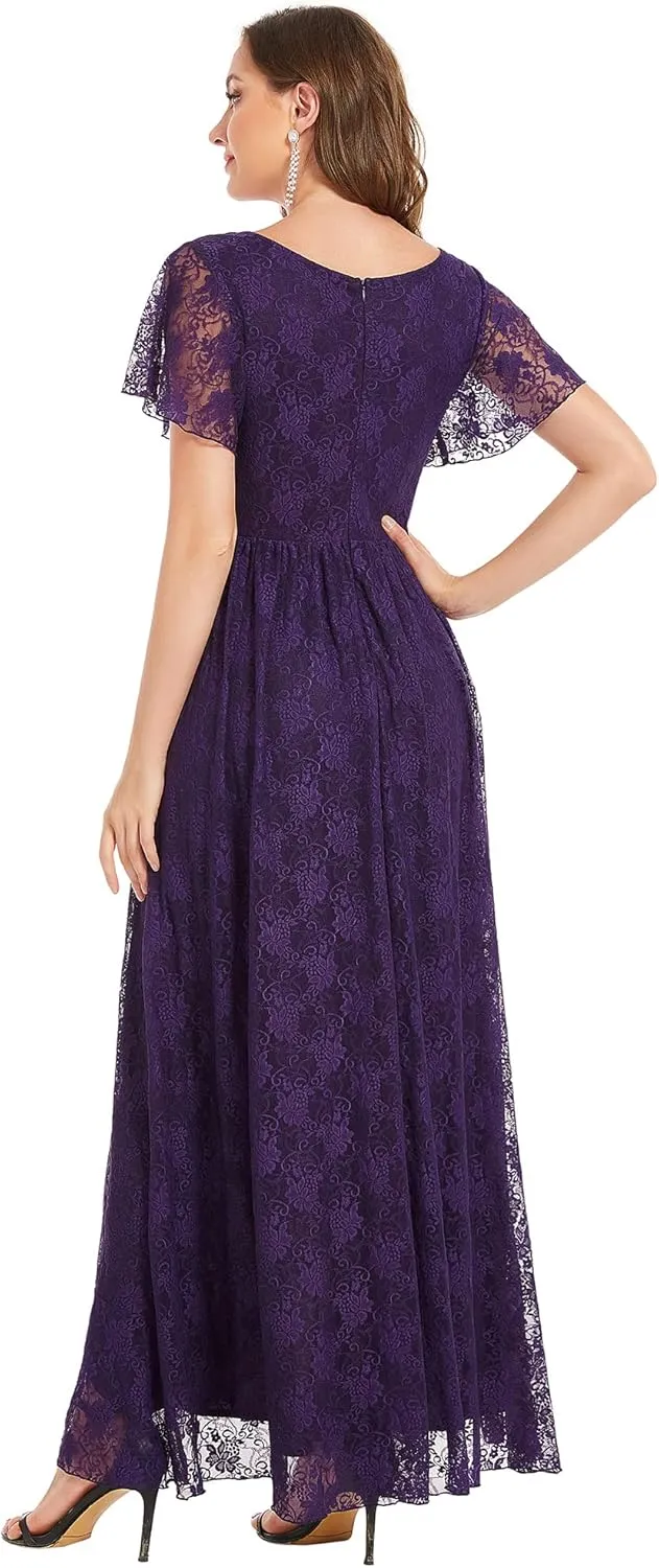 Ever-Pretty Women's Lace V Neck Ruffles Sleeves Pleated Empire Waist A-Line Maxi Formal Dresses 01489
