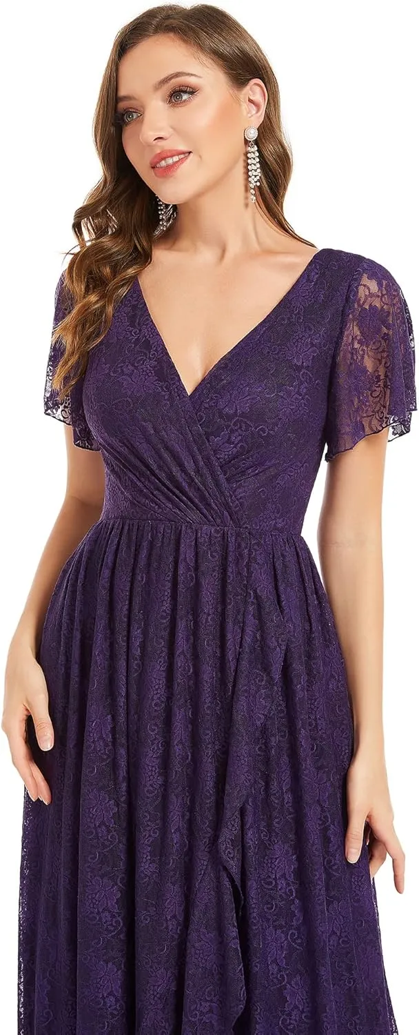 Ever-Pretty Women's Lace V Neck Ruffles Sleeves Pleated Empire Waist A-Line Maxi Formal Dresses 01489