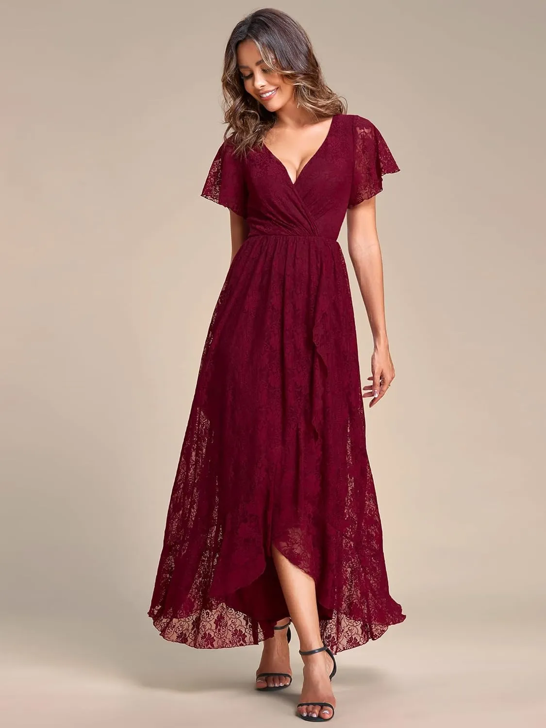Ever-Pretty Women's Lace V Neck Ruffles Sleeves Pleated Empire Waist A-Line Maxi Formal Dresses 01489