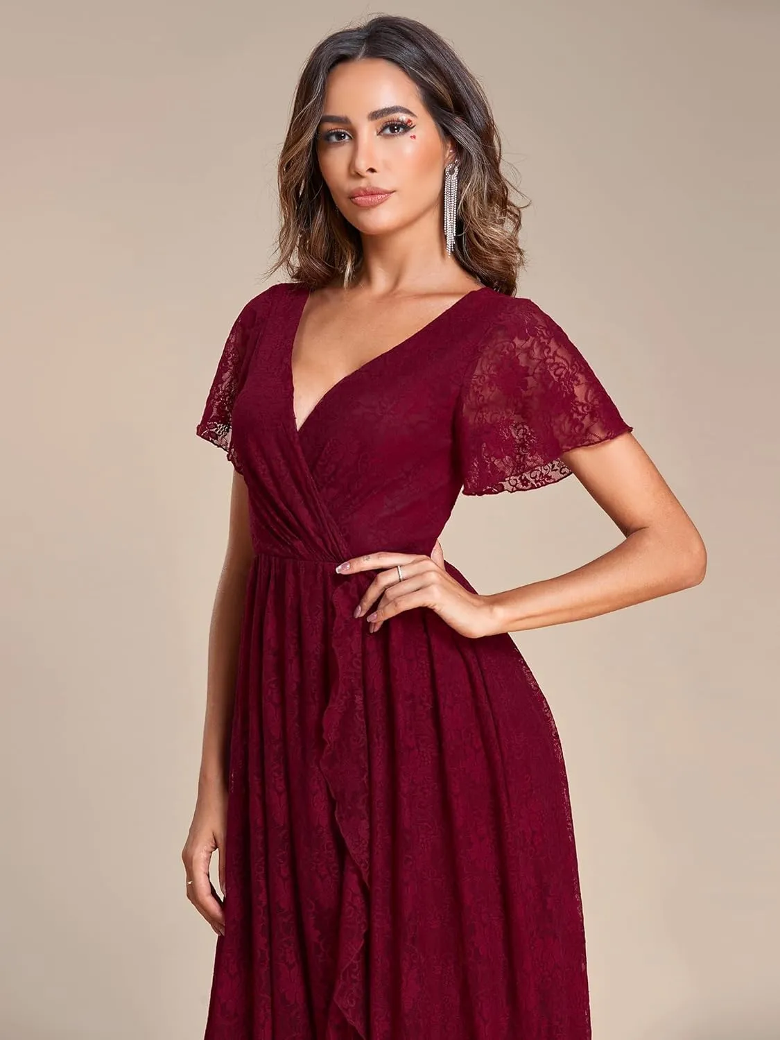 Ever-Pretty Women's Lace V Neck Ruffles Sleeves Pleated Empire Waist A-Line Maxi Formal Dresses 01489