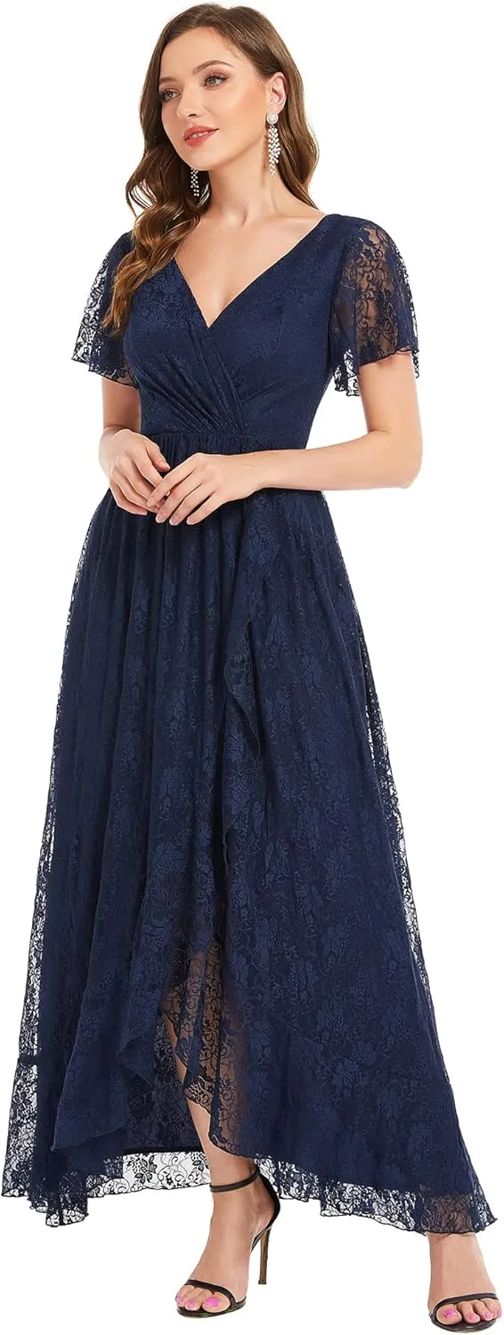 Ever-Pretty Women's Lace V Neck Ruffles Sleeves Pleated Empire Waist A-Line Maxi Formal Dresses 01489