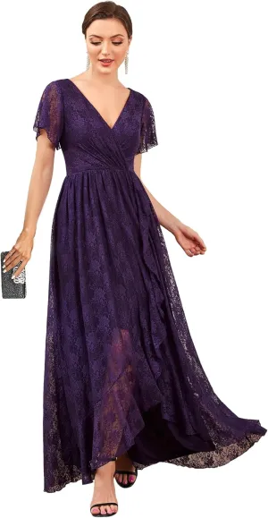 Ever-Pretty Women's Lace V Neck Ruffles Sleeves Pleated Empire Waist A-Line Maxi Formal Dresses 01489
