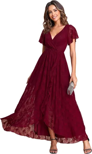 Ever-Pretty Women's Lace V Neck Ruffles Sleeves Pleated Empire Waist A-Line Maxi Formal Dresses 01489