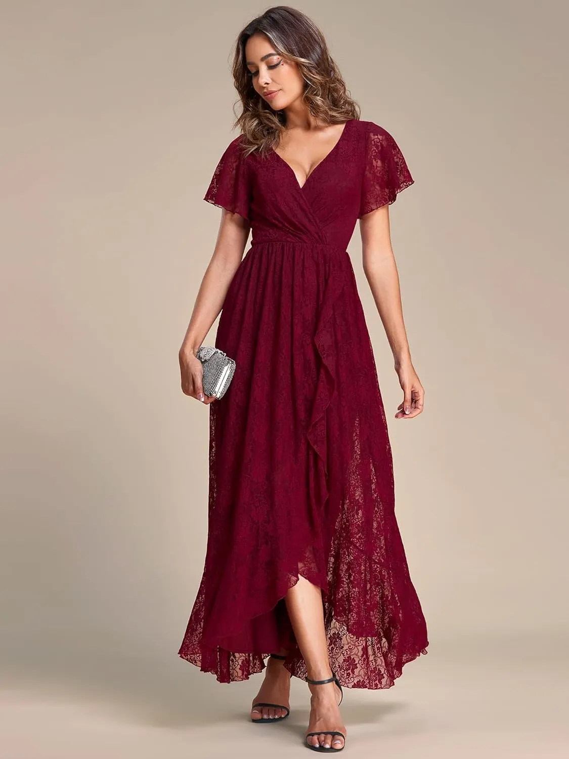 Ever-Pretty Women's Lace V Neck Ruffles Sleeves Pleated Empire Waist A-Line Maxi Formal Dresses 01489