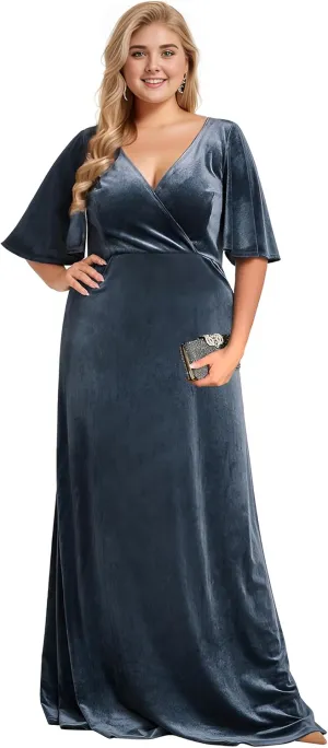 Ever-Pretty Women's Retro V-Neck Ruffles Sleeves A-line Velvet Maxi Winter Plus Size Formal Dress 00861-DA