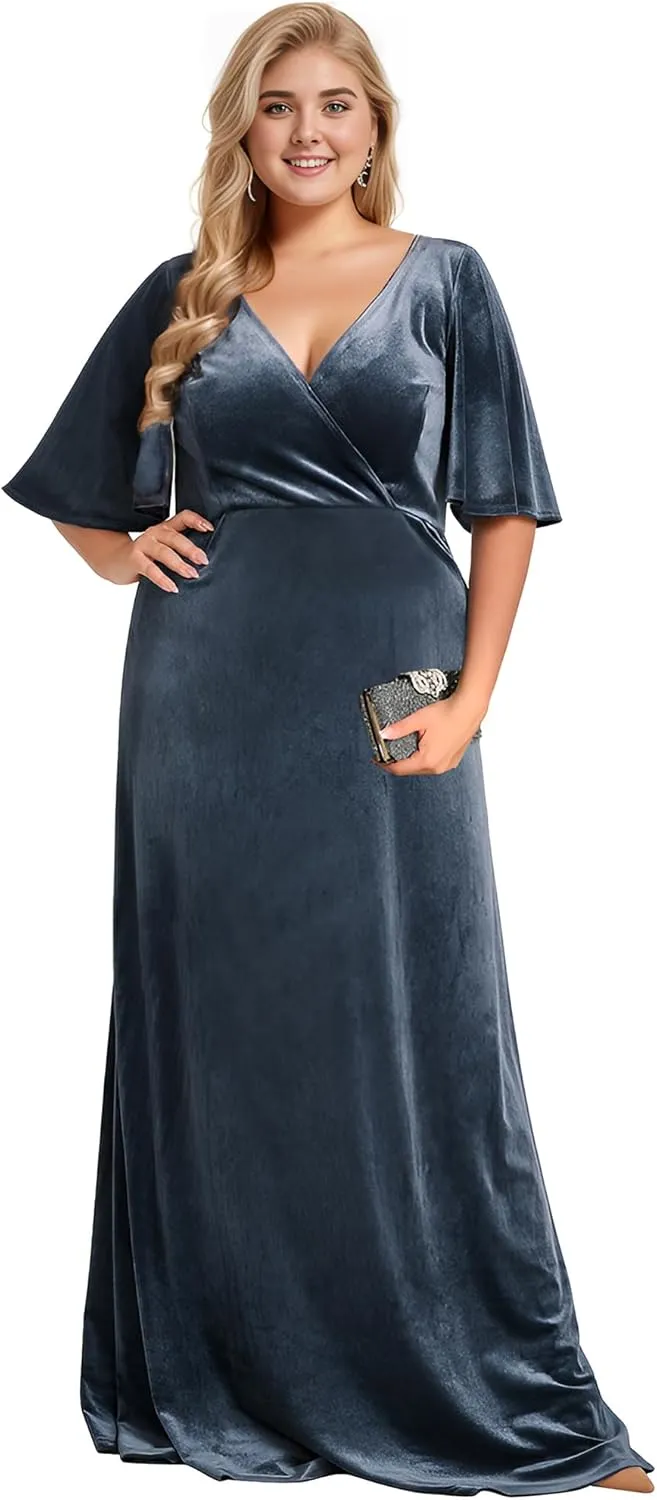 Ever-Pretty Women's Retro V-Neck Ruffles Sleeves A-line Velvet Maxi Winter Plus Size Formal Dress 00861-DA