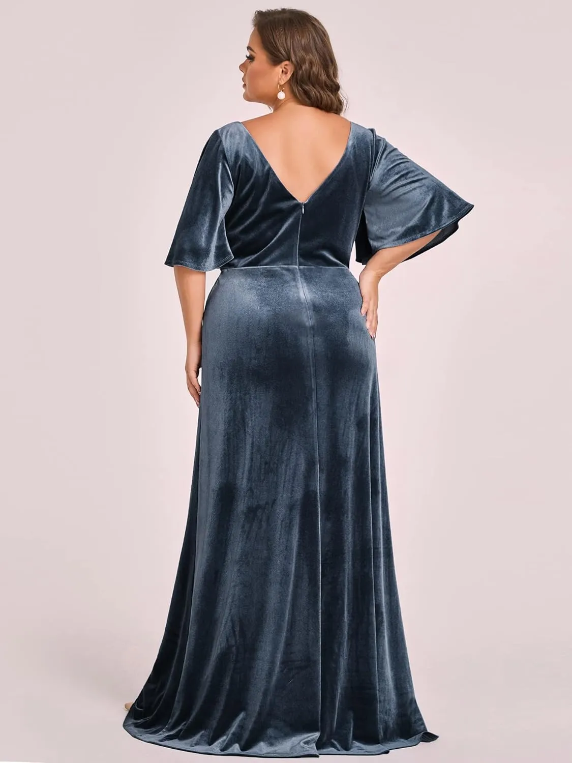 Ever-Pretty Women's Retro V-Neck Ruffles Sleeves A-line Velvet Maxi Winter Plus Size Formal Dress 00861-DA