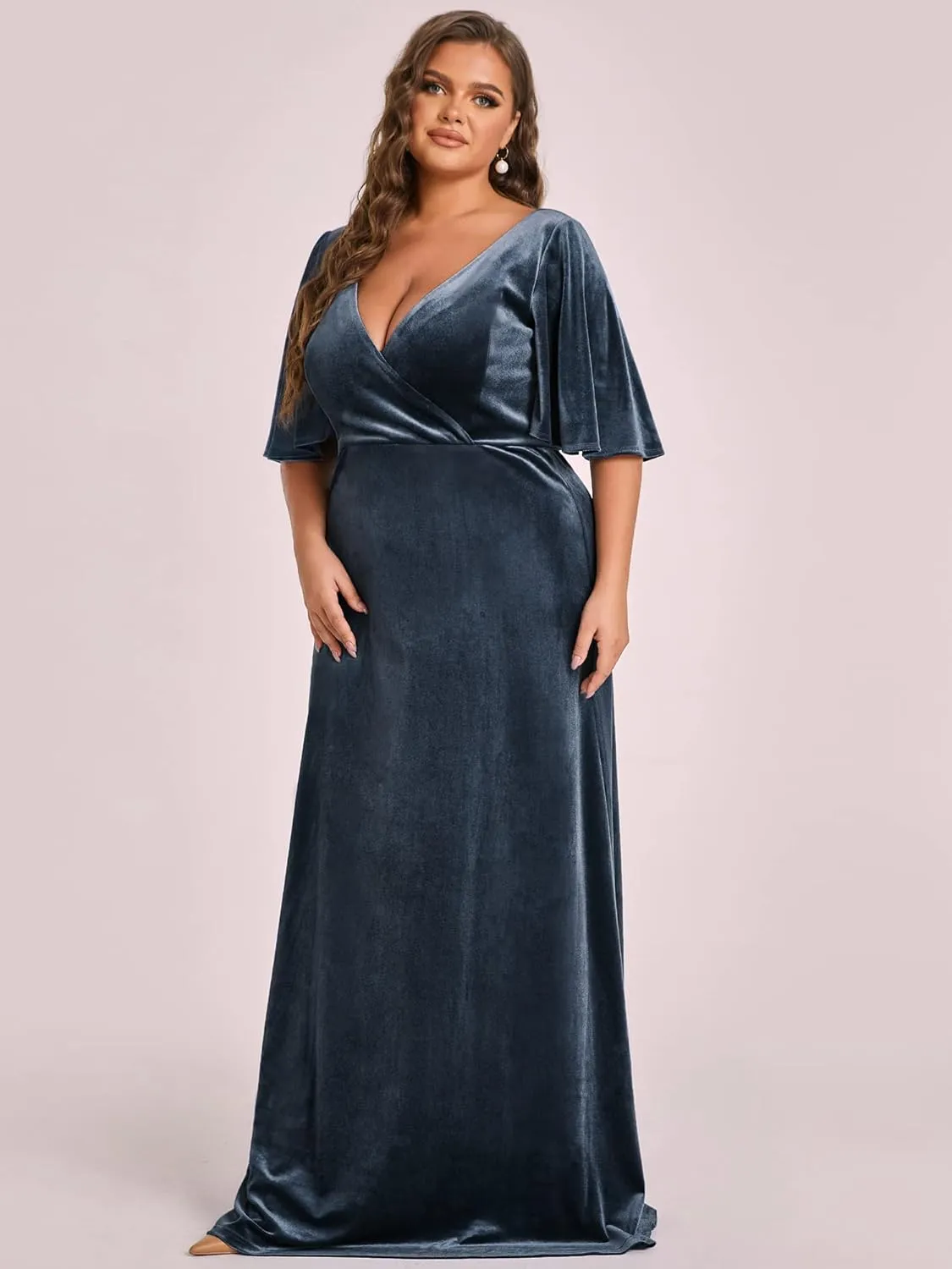 Ever-Pretty Women's Retro V-Neck Ruffles Sleeves A-line Velvet Maxi Winter Plus Size Formal Dress 00861-DA