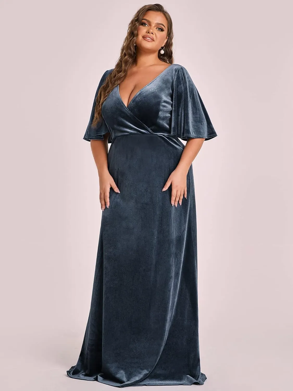 Ever-Pretty Women's Retro V-Neck Ruffles Sleeves A-line Velvet Maxi Winter Plus Size Formal Dress 00861-DA