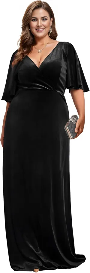 Ever-Pretty Women's Retro V-Neck Ruffles Sleeves A-line Velvet Maxi Winter Plus Size Formal Dress 00861-DA