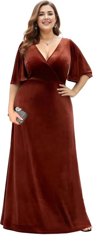 Ever-Pretty Women's Retro V-Neck Ruffles Sleeves A-line Velvet Maxi Winter Plus Size Formal Dress 00861-DA