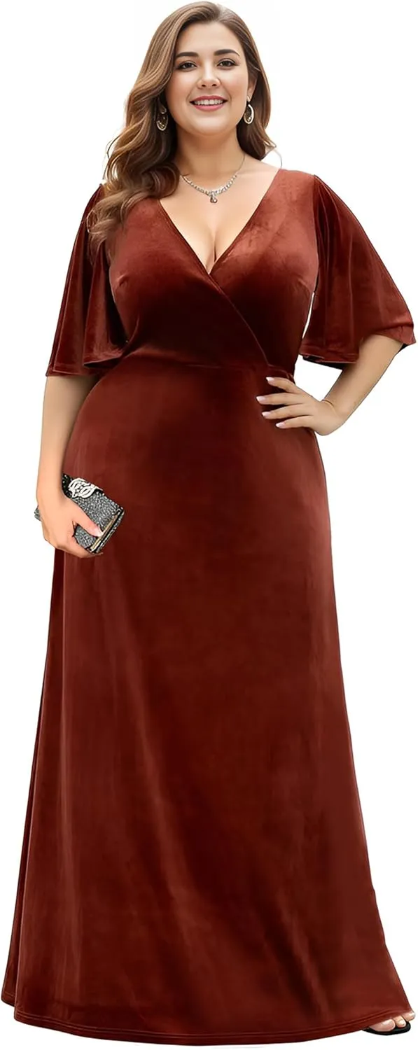 Ever-Pretty Women's Retro V-Neck Ruffles Sleeves A-line Velvet Maxi Winter Plus Size Formal Dress 00861-DA