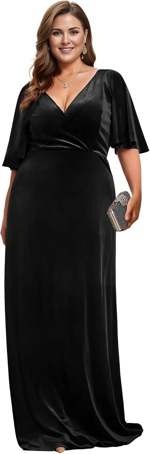 Ever-Pretty Women's Retro V-Neck Ruffles Sleeves A-line Velvet Maxi Winter Plus Size Formal Dress 00861-DA