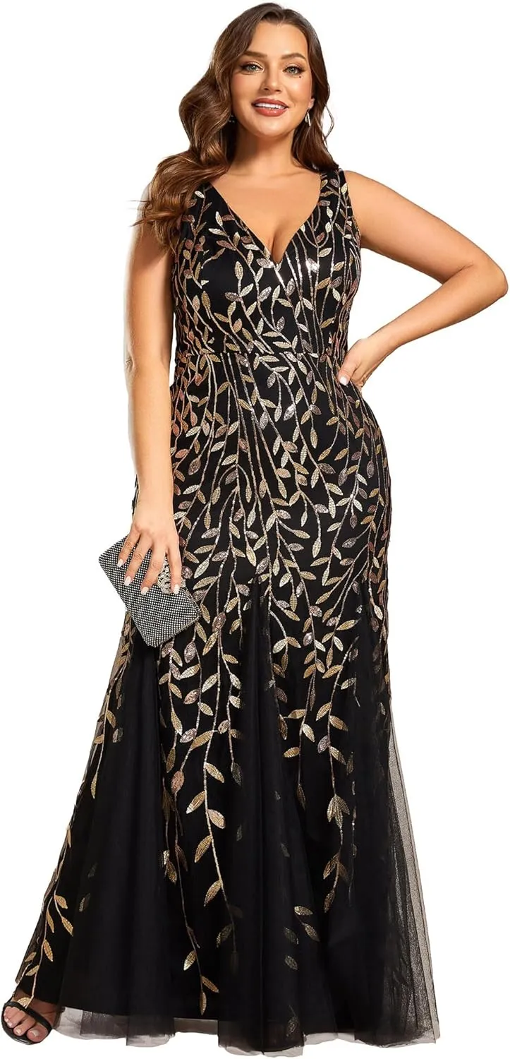 Ever-Pretty Women's Sequin V Neck Sleeveless Bodycon Mermaid Plus Size Formal Evening Gowns Prom Dresses 07886-PZUSA