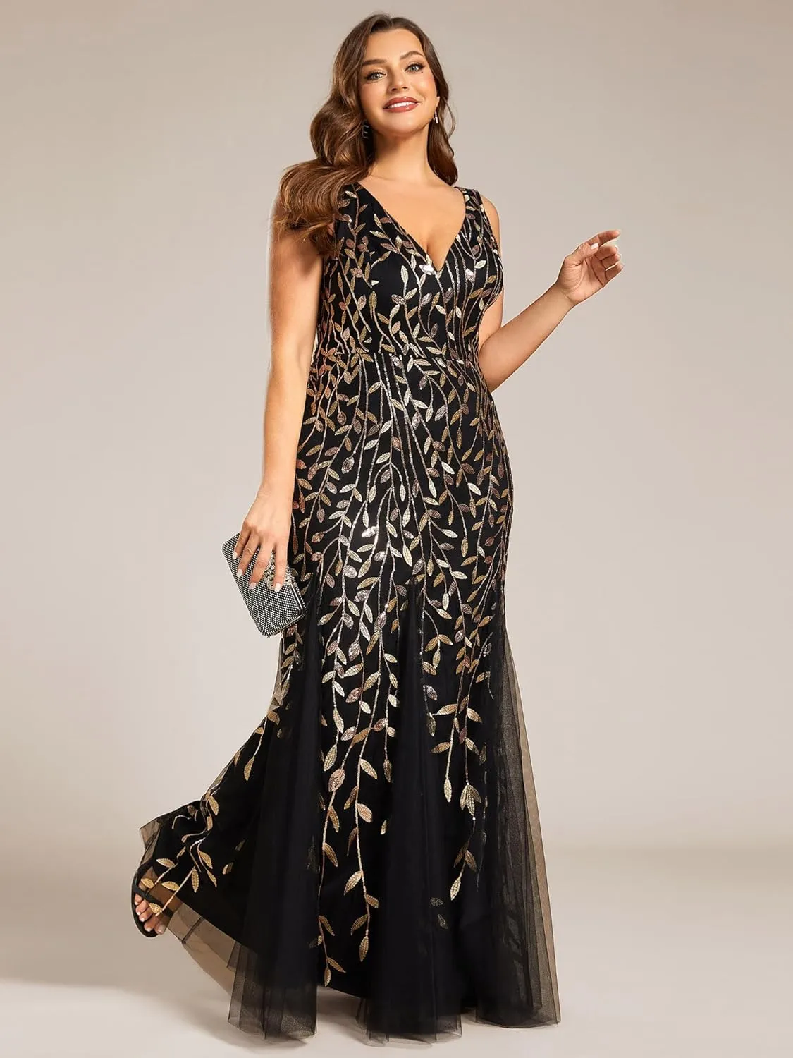 Ever-Pretty Women's Sequin V Neck Sleeveless Bodycon Mermaid Plus Size Formal Evening Gowns Prom Dresses 07886-PZUSA
