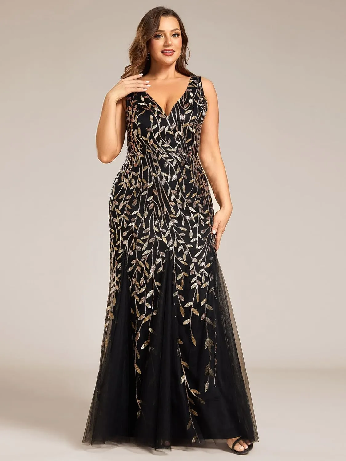 Ever-Pretty Women's Sequin V Neck Sleeveless Bodycon Mermaid Plus Size Formal Evening Gowns Prom Dresses 07886-PZUSA
