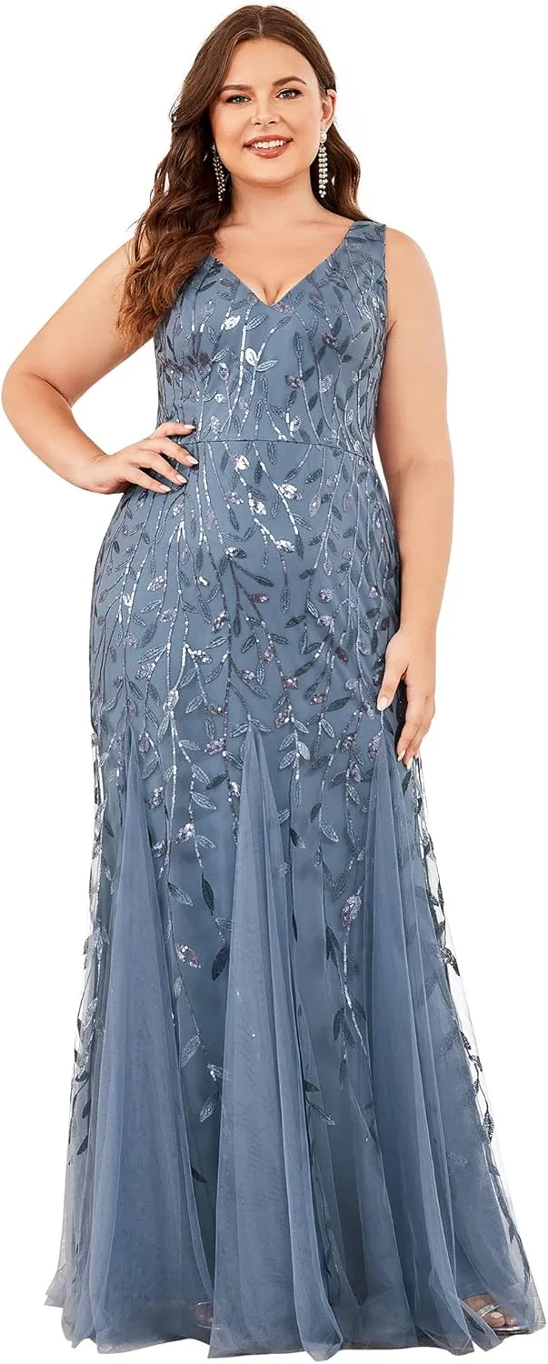 Ever-Pretty Women's Sequin V Neck Sleeveless Bodycon Mermaid Plus Size Formal Evening Gowns Prom Dresses 07886-PZUSA