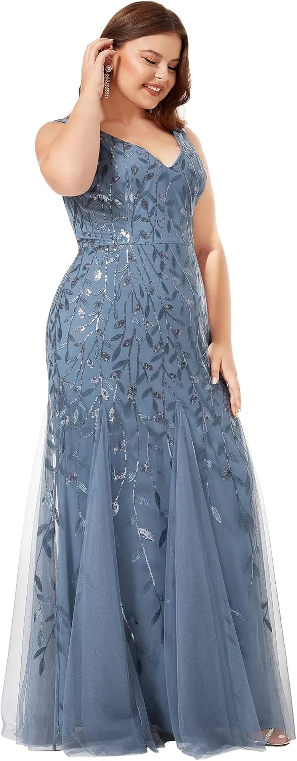 Ever-Pretty Women's Sequin V Neck Sleeveless Bodycon Mermaid Plus Size Formal Evening Gowns Prom Dresses 07886-PZUSA