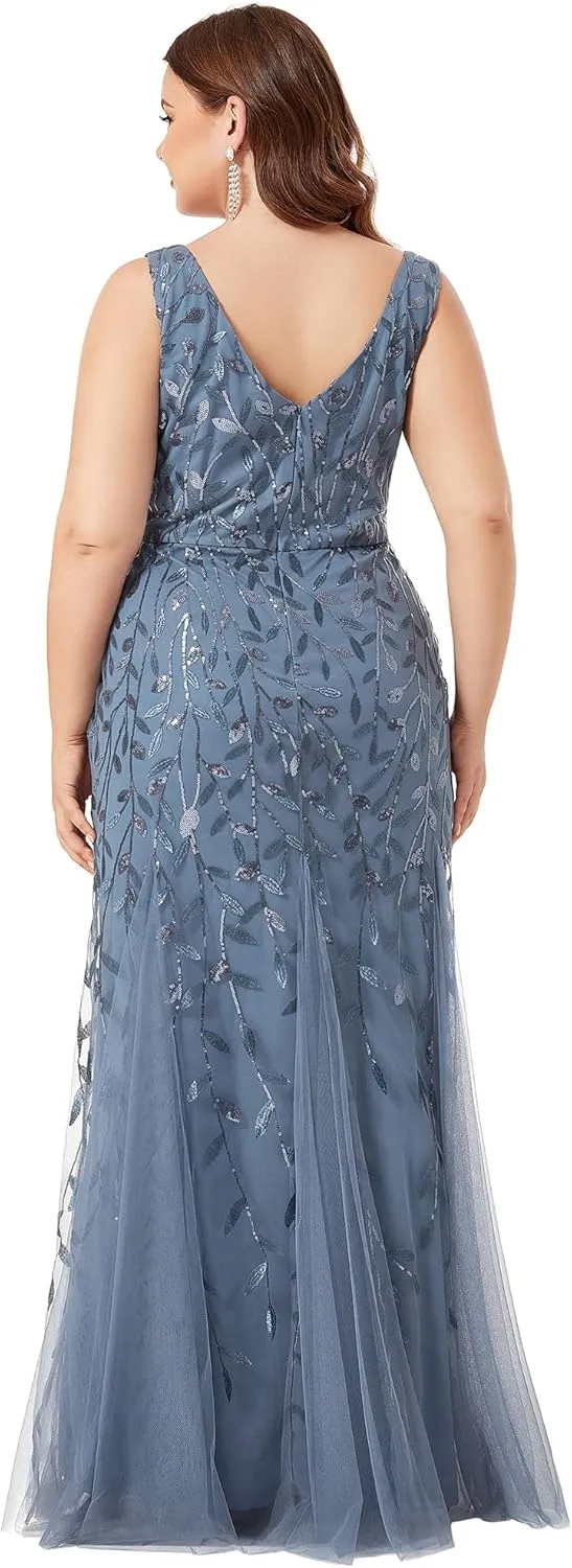 Ever-Pretty Women's Sequin V Neck Sleeveless Bodycon Mermaid Plus Size Formal Evening Gowns Prom Dresses 07886-PZUSA