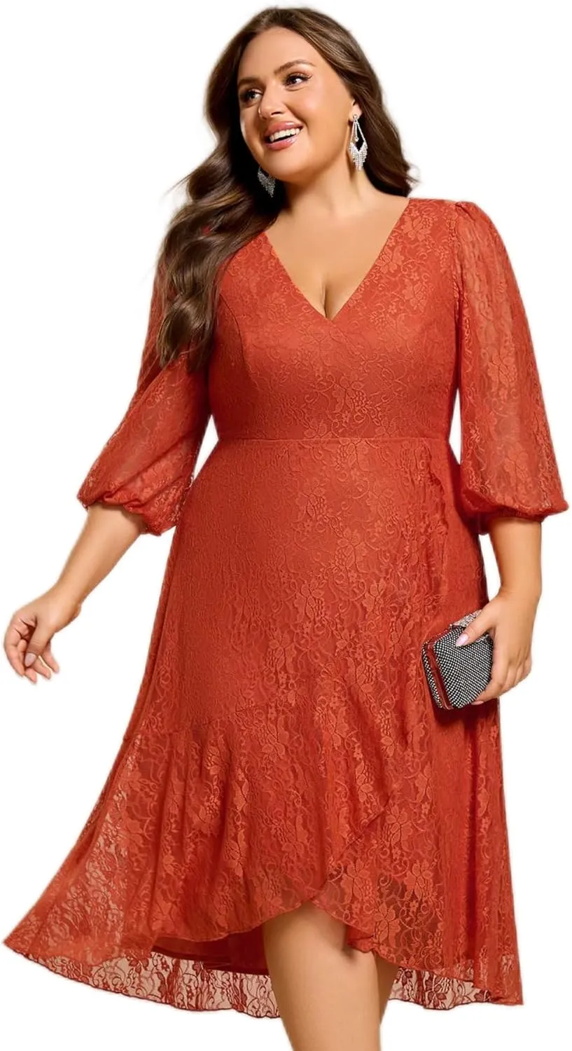Ever-Pretty Women's V Neck Lace Fall Winter Formal Dresses Plus Size Midi Wedding Guest Dresses with Lantern Sleeves 02238-DA