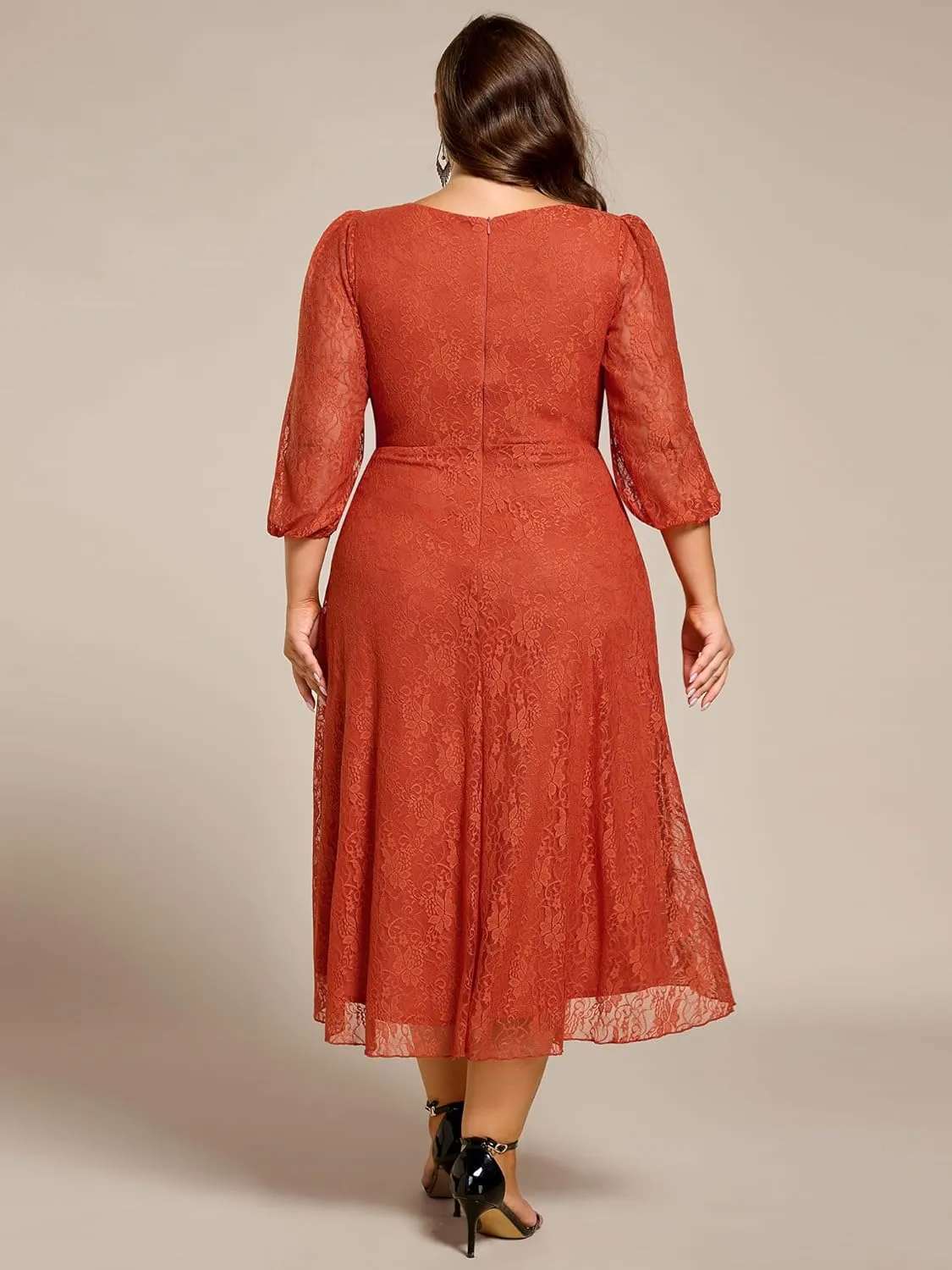 Ever-Pretty Women's V Neck Lace Fall Winter Formal Dresses Plus Size Midi Wedding Guest Dresses with Lantern Sleeves 02238-DA