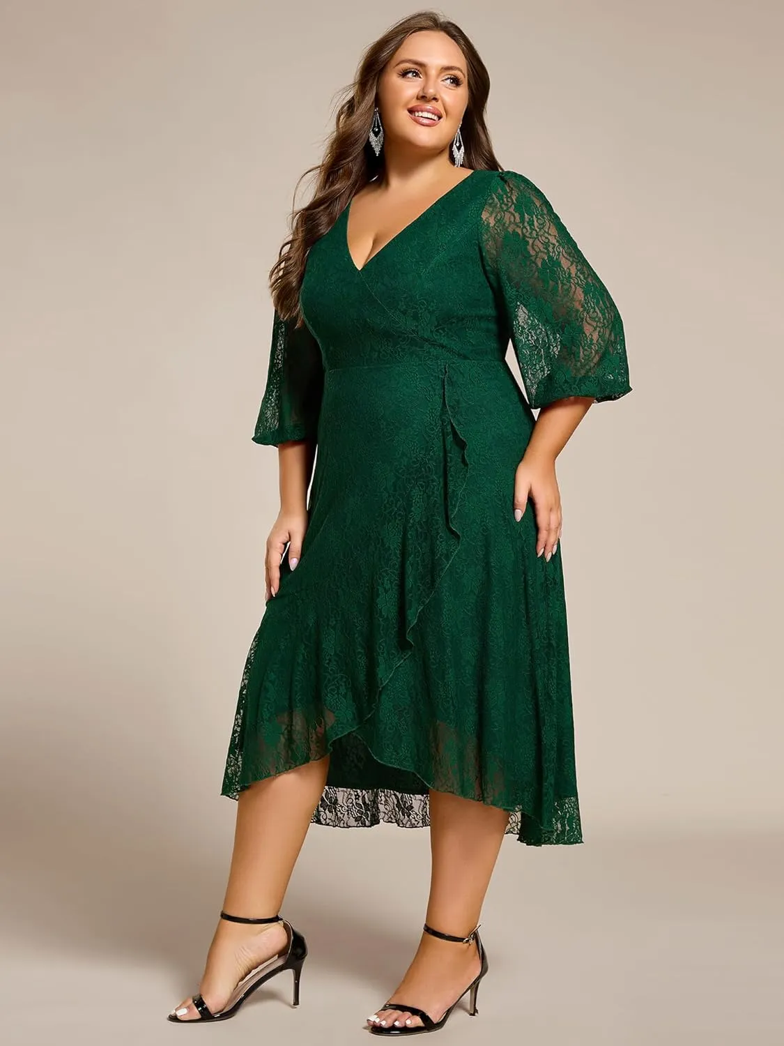 Ever-Pretty Women's V Neck Lace Fall Winter Formal Dresses Plus Size Midi Wedding Guest Dresses with Lantern Sleeves 02238-DA